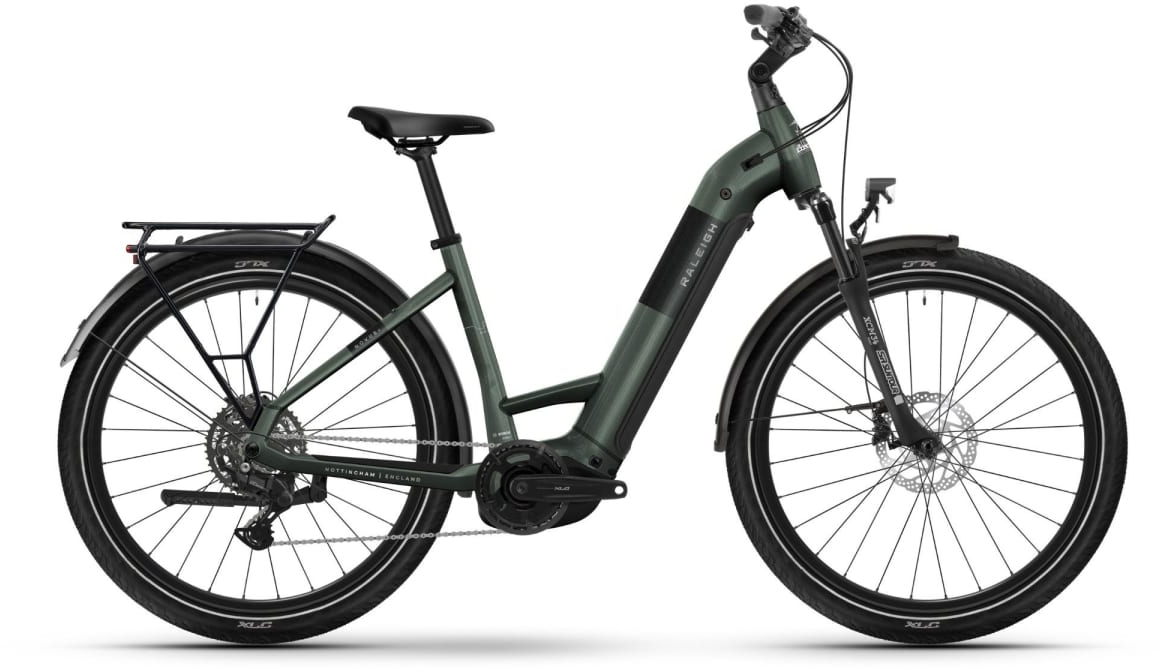 Raleigh Novus Plus Derailleur Gear Lowstep Electric Bike L Olive Gloss - Cycles UK